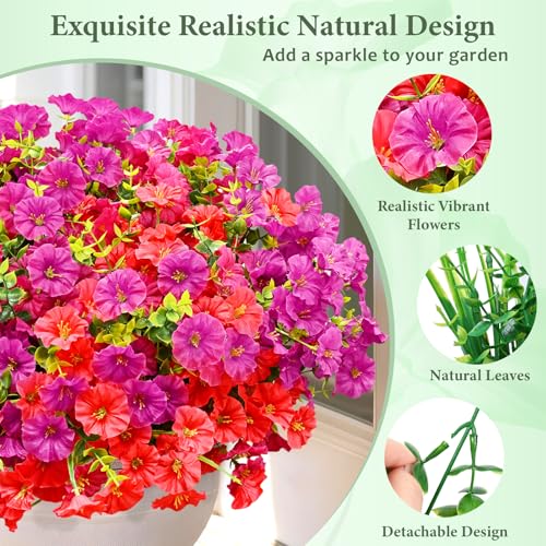 Artificial Flowers for Outdoors, 26 Bundles Fake Outdoor Flowers, UV Resistant Artificial Outdoor Plants & Flowers for Decoration, Colorful Morning Glory for Garden Porch Yard Patio, Fuchsia & Red - color: Fuchsia & Rose Red, size: 26 Bundles