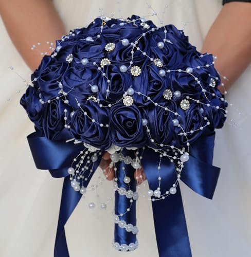 Ujicde Romantic Wedding Bouquet Bridal Bridesmaid Round Bling Brooch Bouquet Throw Toss Artificial Rose Flower Bunch with Sparkle Rhinestone Crystal Decoration(Navy Blue,Dia. 6.3"*16cm) - color: Navy Blue, size: Dia. 6.3"*16cm