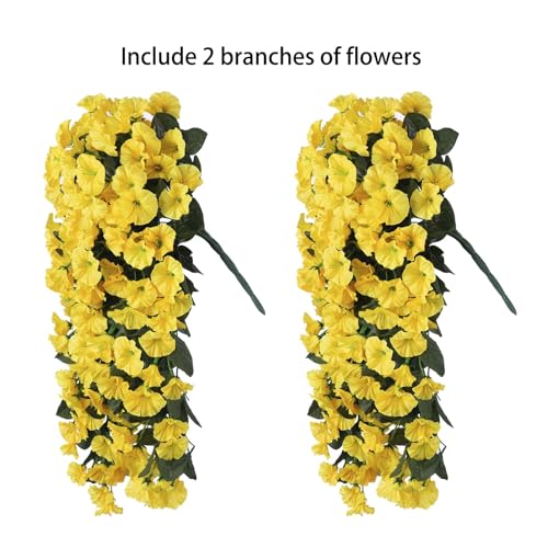 Artificial Fake Flowers for Outdoor Decoration, 2 Bundles Spring Silk Flower Easter Decor, Look Real UV Resistant Yellow Morning Glory Vines for Home Porch Patio Planter - color: Yellow
