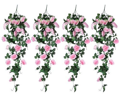 RECUTMS Artificial Pink Roses Fake Hanging Flower Plants, 4 PCS 37 Inch Silk Floral Ivy Garlands for Outdoors Home Room Garden Wedding Bridal Shower Friendship Valentine’s Day Indoor Party Decoration - color: Pink, size: 4pcs