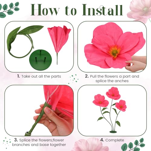 6ft Rose Red Giant Flowers for Decoration with Stand, Large Artificial Poppy, Big Paper Flower Decor for Garden Wedding Party Photography Props Hotel Office Art Gallery Shop Window Display - color: Rose Red