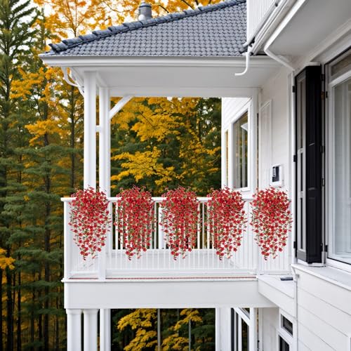 Ammyoo Artificial Hanging Flowers for Outdoors Fake Plants Decoration, 2 Pcs Faux Silk Daisy Flower Realistic Outdoor Flowers UV Resistant Porch Patio Window Yard Indoor Spring Decor(Red) - color: Red