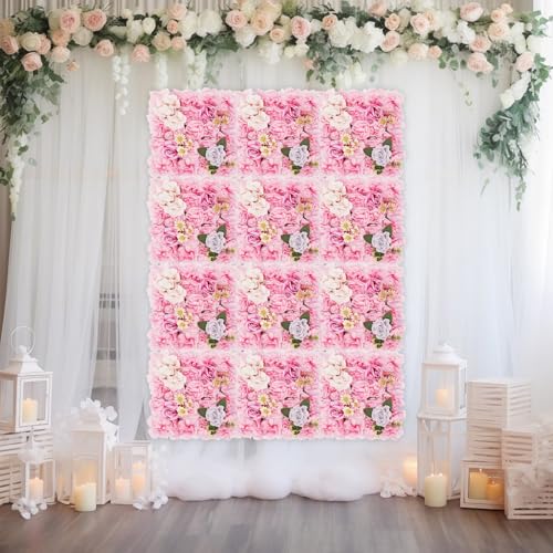 12Pcs Artificial Flower Wall Panel 3D Floral Backdrop Walls 15" X 15" Flower Wall Decor Flower Backdrop Faux Rose Panel for Party Home Background-Champagne, Purple - color: Pink