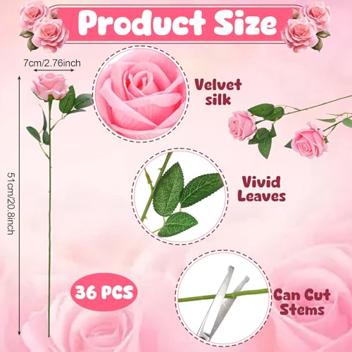 36 Pcs Pink Velvet Texture Soft Artificial Flowers Bridal Bouquet, Real Touch Fake Rose Long Stem Realistic Flowers Bulk for DIY Wedding Ball Arrangement Centerpiece Party Home Decor - color: Pink