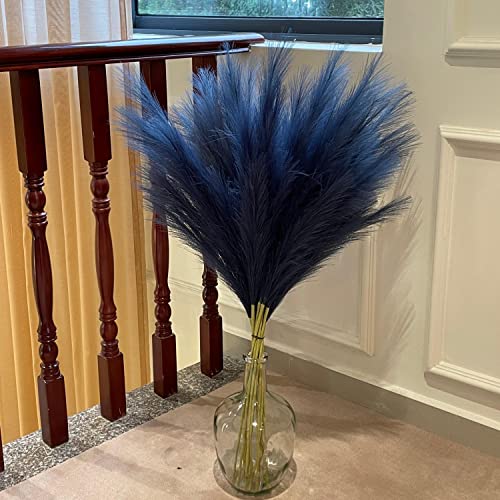 Blue Pampas Grass, 9 PCS 37''/3.1FT Tall Fluffy Fake Pompas Floral, Large Faux Pompous Grass Branches for Floor Vase Fillers, Boho Farmhouse Room Wedding Decor (Blue) - color: Blue