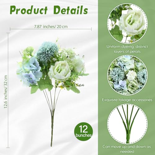 Tigeen Artificial Flowers Artificial Peonies Silk Flowers Faux Peony Fake Peony Silk Hydrangea Bouquet for Wedding Table Centerpiece Floral Vase Decor(White Green,12 Bundles) - color: White Green