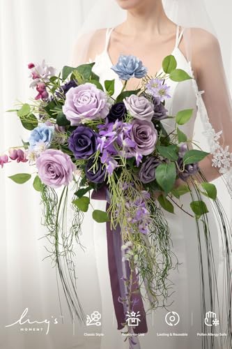 Ling's moment Purple Blue Wedding Bouquets for Bride, Lilac Bridal Bouquets for Bride, 13 Inch Free Form Artificial Wedding Flower Bouquet - color: Lilac & Gold, size: Small 13 Inch