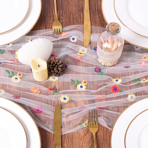 Ivory Embroidery Daisy Gauze Table Runner 10FT Floral Seasonal 120 Inch Sheer Tulle Table Runner Kitchen Dining Wedding Birthday Christmas Decor for Home Party Decorations - color: Ivory, size: 10 ft × 1 pc