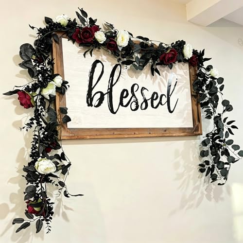 CQURE 2Pack Eucalyptus Garland,Artificial Eucalyptus Leaves Flowers Table Greenery Garland Wreath Vines for Wedding Party Fireplace Bedroom Room Decor - size: 17.7 Ft with Flowers-Black