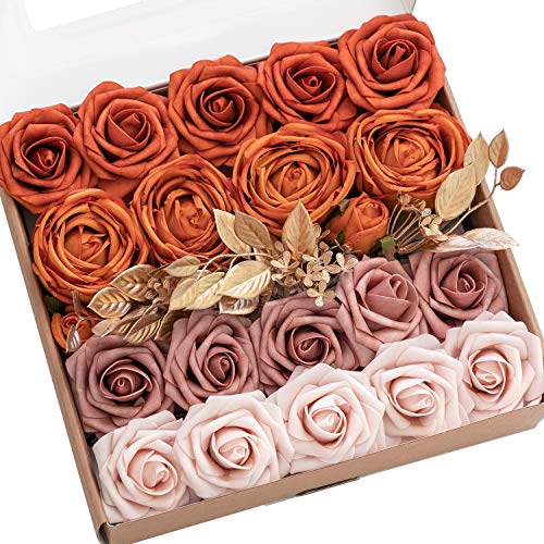 Ling's moment Artificial Flowers Fake Silk Roses Faux Foam Flower Combo for DIY Wedding Bouquets Centerpieces Arrangements Bridal Shower Party Home Decorations, Orange & Dusty Rose, 21pcs - color: Or-orange & Dusty Rose