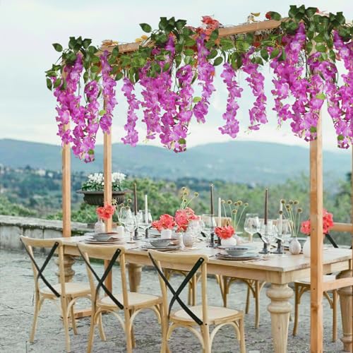 CISDUEO 2 Pcs Wisteria Hanging Flowers Wisteria Flowers Vine Garland Wedding Arch Decoration Purple Red Artificial Wisteria Vines Hanging Flower Vines Silk for Party Garden Home Table Backdrop 7 Feet - color: Purple Red