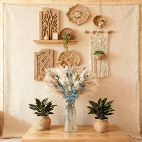 Blue Pampas Grass Bouquet – Blue Dried Baby's Breath, Pampas Grass and Eucalyptus Stems, Dried Flower Arrangements for Boho Decor, Rustic Flowers for Home Decor, Bedroom, and Wedding, Table Decor