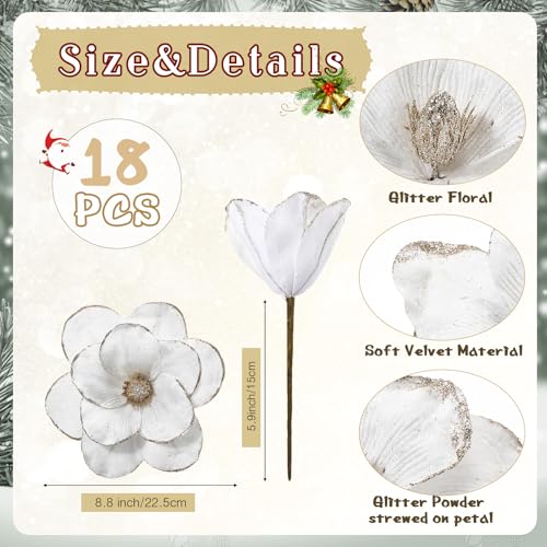 18 Pcs Large Velvet Christmas Poinsettia Magnolia Flowers Ornaments Glitter Big Heads Artificial Magnolia Flowers for Decoration Wedding Decor Supplies(White) - color: White