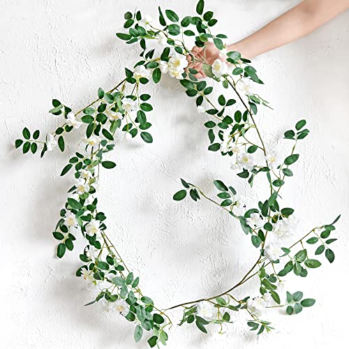 FiveSeasonStuff White Wild Rose Vine Garland, Two Faux Silk Floral Garlands with Greenery, Bendable Decorative Vines 12 ft Total - color: White