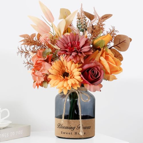 Leftover Fake Fall Flowers in Vase,Artificial Flowers with Vase,Centerpiece Table Decorations,Fall Centerpieces for Tables,Fall Kitchen Decor,Fall Flower Arrangements,Home Decor Living Room - color: Orange