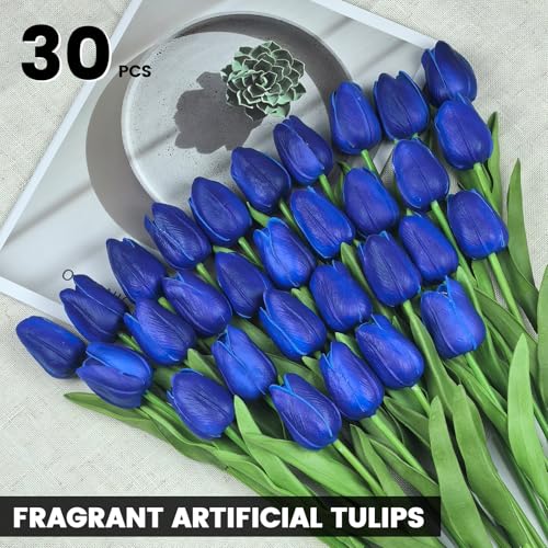 30 PCS Artificial Tulips Real Touch Tulips 13.5inch Long Stem Fake Flowers Silk Flowers for Spring Easter Mother's Day Decorations（Royal Blue） - color: Royal Blue