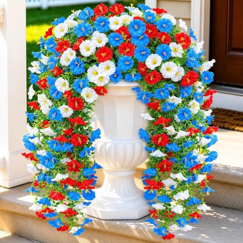 Artificial Hanging Flowers for Outdoor, 6PCS Red White and Blue Artificial Hanging Petunias Flowers, 4th of July UV Resistant Realistic Faux Morning Glory for Outside Patio Memorial Day Decor - color: Red White Blue
