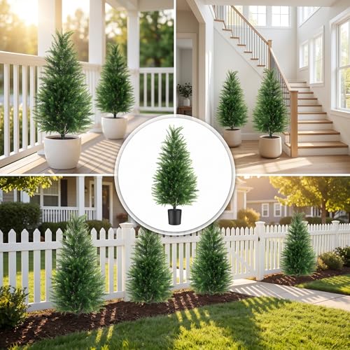 3FT Artificial Cedar Trees 2 Pack, UV Protected | Lifelike artificial cypress, UV protected, no watering. Fake outdoor topiary potted plants for porch, patio, garden. - size: 3FT