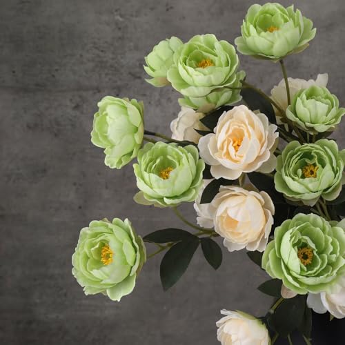 6 Pcs 32" Large Beige Green Artificial Peonies Stems Flowers, Real Look Faux Silk Peony Bouquet 42 Heads Total for Vase Filler, Farmhouse Rustic Neutral Home Decor, Wedding Centerpieces - color: Beige and Green