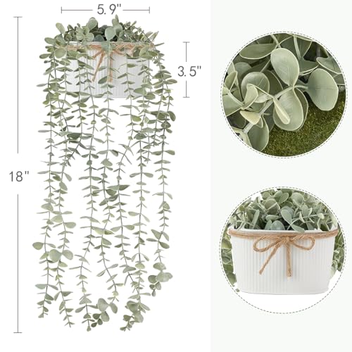 Mkono Fake Hanging Plants in Farmhouse Galvanized Pots Rustic Faux Potted Eucalyptus Greenery Indoor Artificial Plants for Book Shelf Mantel Living Room Bathroom Bedroom Home Office Decor (1, White) - color: White