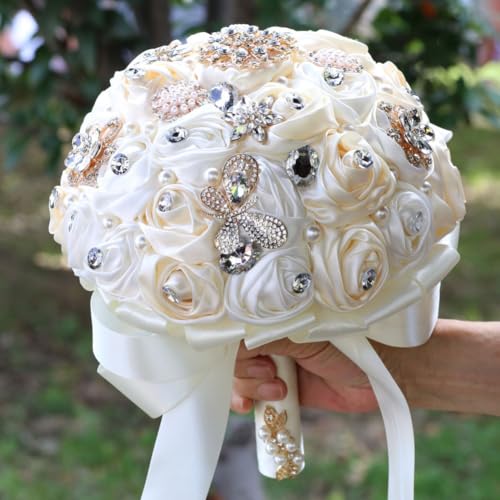 Small Bridal Wedding Bouquet Handmade with Bling Rhinestone Pearl Brooch Satin Rose Flower Bouquet for Bridesmaid Bride Wedding Champagne and Ivory 6.3in - color: Champagne & Ivory, size: Small (DIA. 6.3"/16cm)