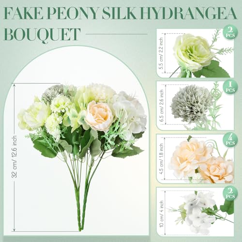 Tigeen Artificial Flowers Artificial Peonies Silk Flowers Faux Peony Fake Peony Silk Hydrangea Bouquet for Wedding Table Centerpiece Floral Vase Decor (White,Green,12 Bundles) - color: White,green