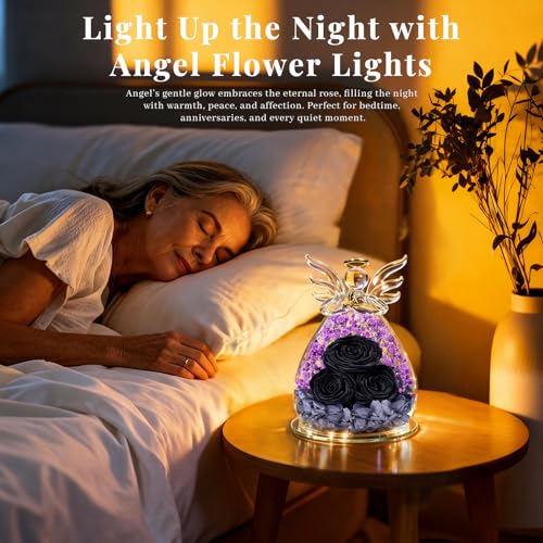 Beferr Gifts for Mom Birthday Gifts for Women, Fresh Flowers for Delivery Forever Preserved Rose in Glass Angel Figurine, Anniversary Christian Real Rose for Grandma Wife Mother from Daughter Son - color: O Black & Purple