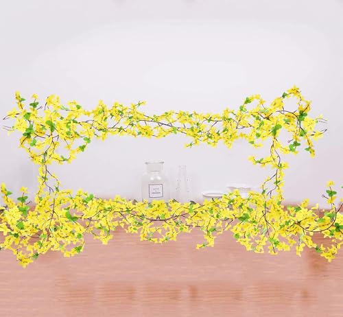 FERIAL 4Pcs Artificial Flowers Vine Spring Yellow Silk Flowers Garland Artificial Jasmine Vines for Decoration Fake Flower Vine Hanging Ivy for Home Indoor Outdoor Wall Party Wedding Arch - color: Yellow-4