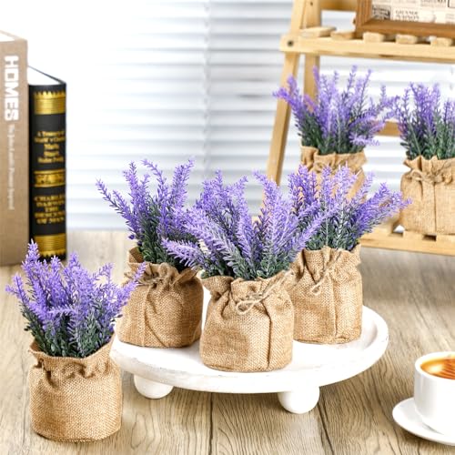 6 Pack Fake Lavender Plant Small Artificial Lavender Flowers Decor Burlap Bag Rustic Plant Potted for Kitchen Farmhouse Home Bedroom Wedding Table Country Indoor Decor