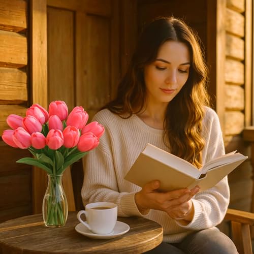 20 Pcs Tulips Artificial Flowers, 13.5'' Real Touch PU Fake Flowers Bouquet for Home Party, Spring Wedding Floral Arrangement, Valentine's, Easter and Mother's Day Decor (Coral) - color: Coral
