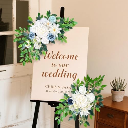 Artificial Wedding Arch Flowers (Pack of 2), White Wedding Flowers for Wedding Welcome Ceremony Sign, Faux Floral Swags, Banquet and Reception Backdrop Floral Decoration (White & Blue) - color: White & Blue