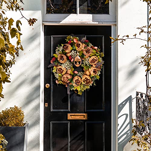 BOMAROLAN Artificial Peony Flower Wreath 19Inch Vintage Blooming Silk Peonies Spring Summer Fall Winter Large Wreaths Flower Green Leaves for Outdoor Front Door Indoor Wedding Wall Or Window Décor - color: Brown
