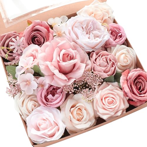 Floroom Dusty Rose Cream Artificial Flowers Fake Roses Peonies and Greenery Combo Box Set for DIY Wedding Bouquets Bridal Shower Centerpieces Floral Arrangements Party Tables Home Decorations - color: Delicate Dusty Rose