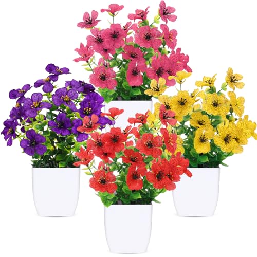 CEWOR Fake Plants 4 Packs Small Faux Potted Flower Daisy with Eucalyptus Leaves Decorations for Desk Bathroom Office Home Room Table Decor Indoor Outdoor - color: Daisy Red Rose Yellow Purple