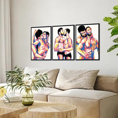 3 Piece Gay Man Kiss Hug Canvas Wall Art for Bedroom Wall Decor Abstract Male Couple Love Posters Adult Men Prints Artwork for Apartment Bathroom Hotel Bar Framed Ready to Hand 16x24inchx3pcs - color: Art08, size: 16x24x3Pcs Black Framed