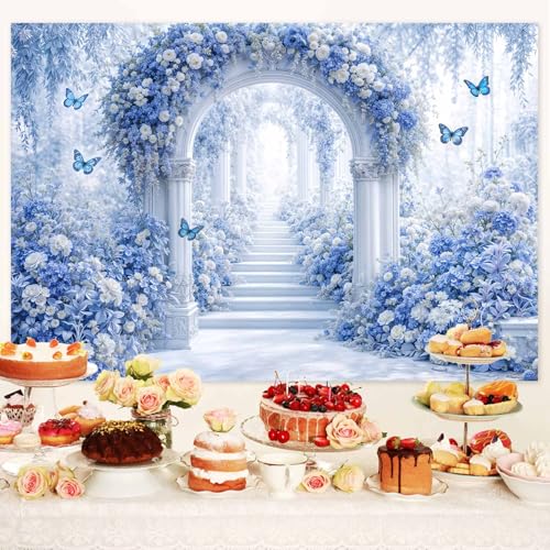5X3ft Floral Photography Backdrop, Dreamlike Wedding Portrait Photo Background Romantic Blue Flowers Backdrop, Baby Bridal Shower Wedding Birthday Party Background Banner Decor, Blue-1 - color: Blue-1, size: 5x3ft