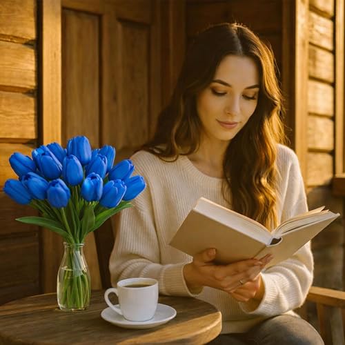20 Pcs Tulips Artificial Flowers, 13.5'' Real Touch PU Fake Flowers Bouquet for Home Party, Spring Wedding Floral Arrangement, Valentine's, Easter and Mother's Day Decor (Blue) - color: Blue