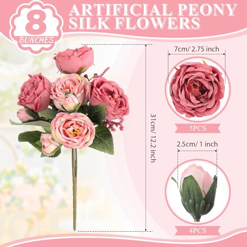 8 Bundles Artificial Peonies Flowers Boho Faux Flowers Arrangements Artificial Centerpiece Spring Bouquet Floral Wedding Decoration for Vase(Dark Pink) - color: Dark Pink