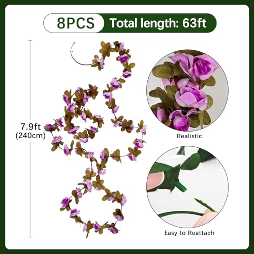 8Pcs 63Ft Light Purple Rose Garland, Fake Flower Vines, Artificial Vine Flowers, Rose Hanging Garland for Party Wedding, Garden, Room Table, Christmas, Backdrop Wall Arch Decor - color: Light Purple, size: 8Pcs-63Ft