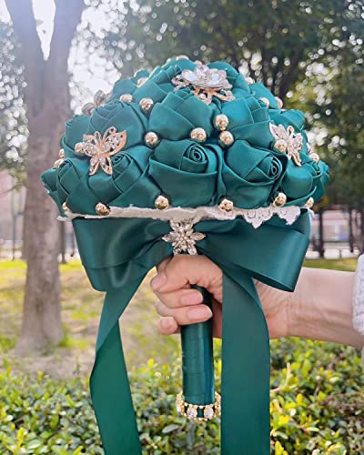 One Big Size(8.26") Gold Diamond Bridal Wedding Bouquet Bridesmaid Toss Bouquet Foam Rose Bouquet with Ribbon W666-21 Emerald Green - color: Emerald Green