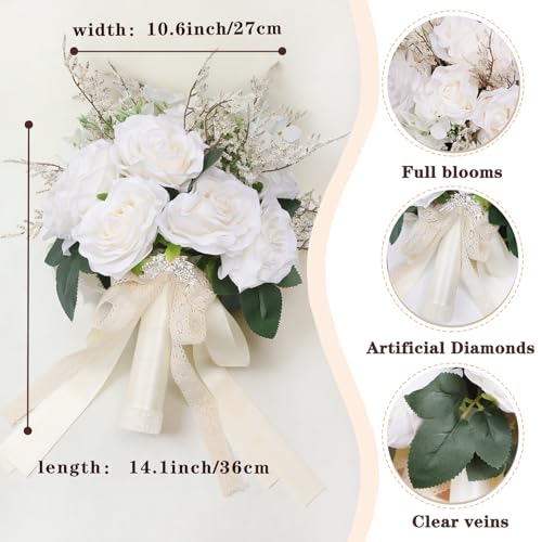 Wedding Bouquets for Bride & Bridesmaid, 10 Inch White Champagne Artificial Roses Flowers for Wedding Ceremony, Church, Party Decoration - color: White Champagne