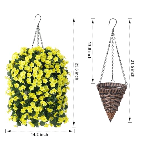 Artificial Faux Hanging Flowers Plants Baskets for Outdoor Outside, Fake Silk Yellow Orchid Trailing Vines in Planter Realistic UV Resistant for Balcony Porch Decor - color: Yellow