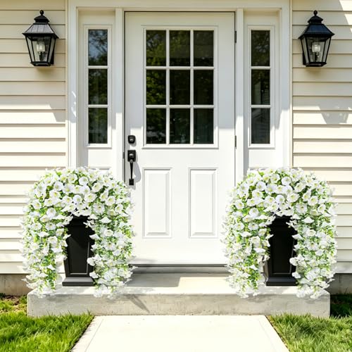 Artificial Hanging Flowers for Outdoors, 4Pcs UV Resistant Faux Morning Glory Flowers Spring Summer Decroation, No Fade Fake Flower Trailing Vines for Porch Patio Balcony Yard Garden (White) - color: White