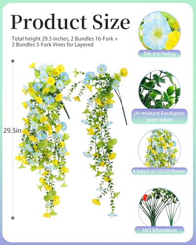 UV Resistant Cascading Artificial Hanging Flowers for Outdoors Decoration,4 Bundles NO Fade Realistic Faux Silk Plants Colorful Morning Glory for Outside Garden Yard Planter Front Porch Decor - color: Blue Green Yellow