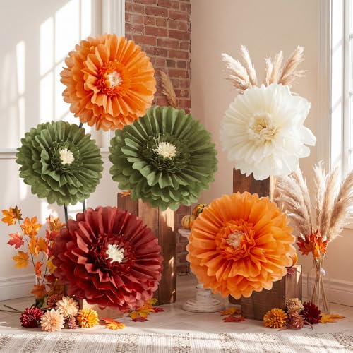 Giegxin 6 Pcs Large Colorful Tissue Paper Flowers Mexican Fiesta Wall Decorations Giant Crepe Paper Flowers for Wedding Birthday Bridal Shower Backdrop Party Decor (31.5",24",Orange,Green,Claret) - color: Orange,Green,Claret, size: 31.5", 24"