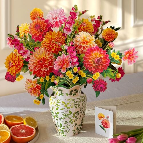 Freshcut Paper Grande Dahlia Sunrise 20.5 Inch Life-Sized 3D Pop Up Cards – Greeting Card, Birthday, Mothers Day, Thank You, Gifts for Mom and Her – Includes Notecard and Envelope - color: Dahlia Sunrise, size: Grande