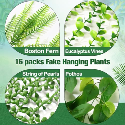 Daifunli 16 Pcs Artificial Hanging Plants Fake Hanging Ferns Plastic Faux Plants for Wall Room Garden Garland Indoor Outdoor Decor No Basket (Boston,Eucalyptus,Ivy Vine,String of Pearls) - style: Boston, Eucalyptus, Ivy Vine, String of Pearls