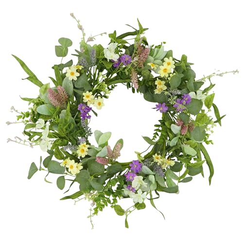 YNYLCHMX 20" Spring Summer Wreaths for Front Door, Artificial Floral Wreath with Multi-Colored Flower & Green Eucalyptus Leaves, Green Foliage Wreath for Wall Window Farmhouse Party Holiday Home Decor - color: Flower & Eucalyptus