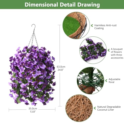 INQCMY Artificial Fake Hanging Flowers Plants with Basket for Spring Summer Outdoor Decoration,Faux Silk Begonia in Planter UV Resistant Look Real for Home Porch Yard Patio Balcony Decor - color: Purple Orchid