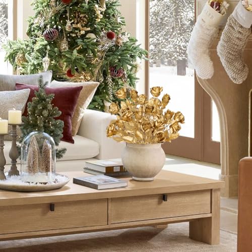 Hollyone 3Pcs Christmas Flowers Gold Artificial Rose Flowers 24inch Fake Roses Flower with Three Heads Floral Arrangements Bouquets Xmas Golden Faux Rose Stems for Centerpieces Christmas Home Decor - color: Gold - Roses（3 Head）